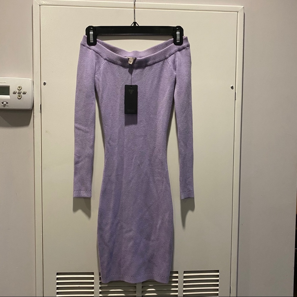 Guess Lavender Ribbed Off the Shoulder Knit Dress